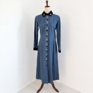 VTG Sophia Rose Denim Dress Size 8 Velvet Trim Blue Embroidered Coffee Friends